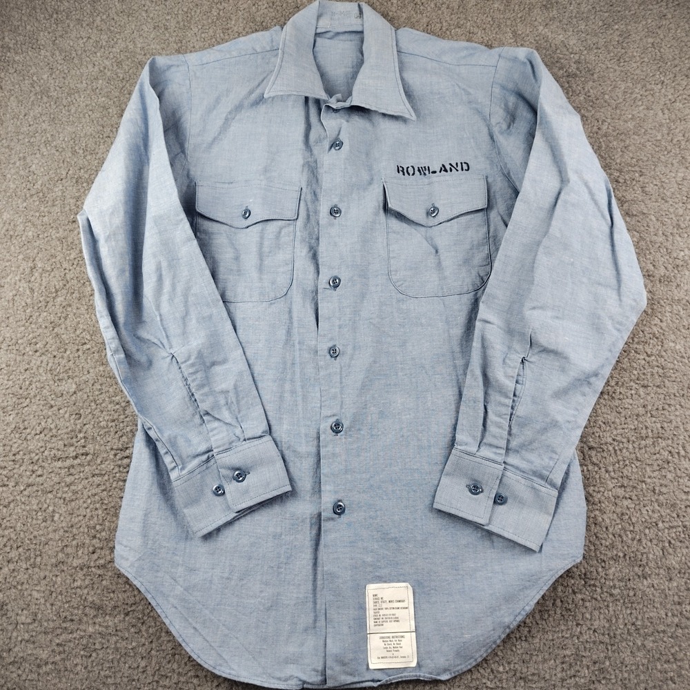 US Navy Cotton Utility Shirt Mens Medium Type III Blue VTG 80s Chambray EUC